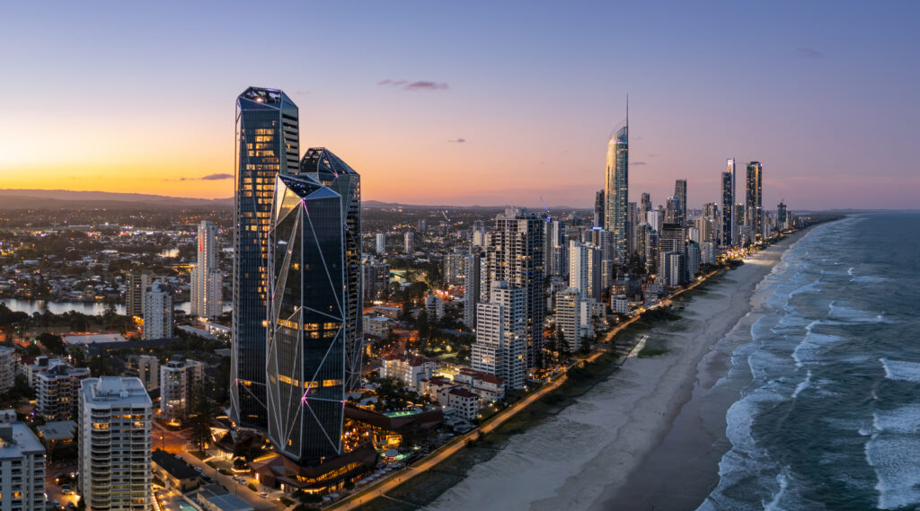 Modern strata apartment buildings on the Gold Coast, Queensland, highlighting investor-owned body corporate properties affected by proposed negative gearing changes.